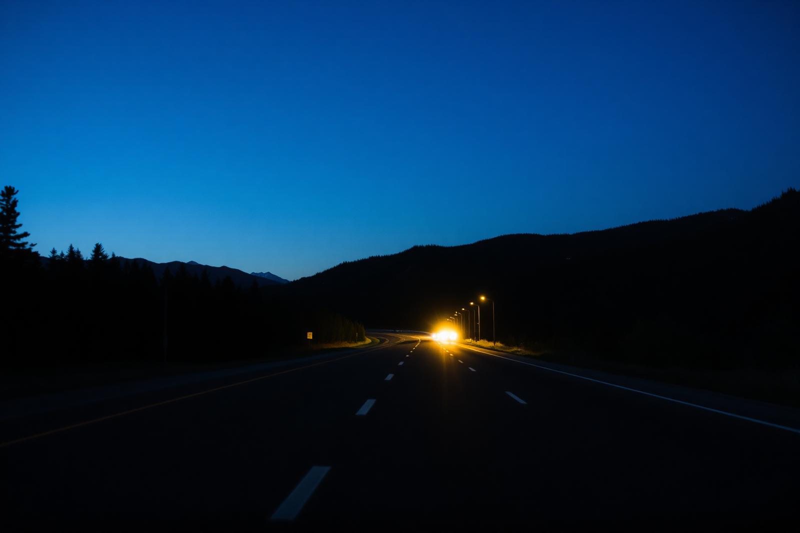 Empty highway, headlights coming the other way.